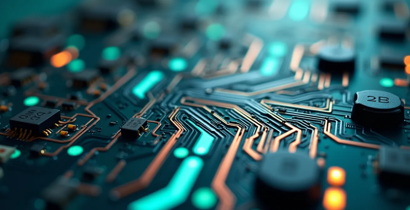 Visualisation macro de circuits électroniques avec patterns lumineux représentant l'analyse comportementale