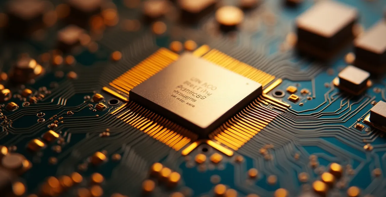 Vue macro détaillée d'un composant électronique haute technologie avec circuits complexes