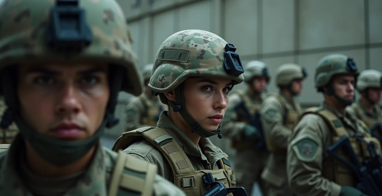 Soldats en formation Guardian Angel avec positionnement tactique et secteurs de surveillance