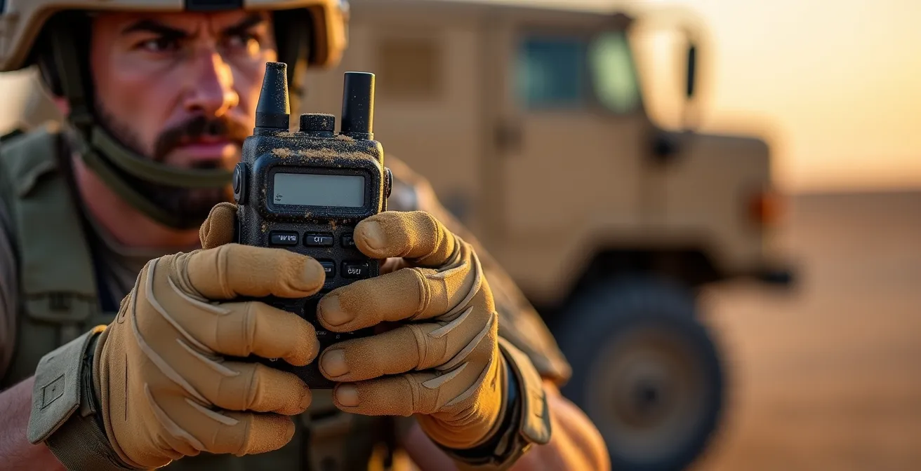 Radio tactique militaire recouverte de sable et d'eau dans un environnement désertique