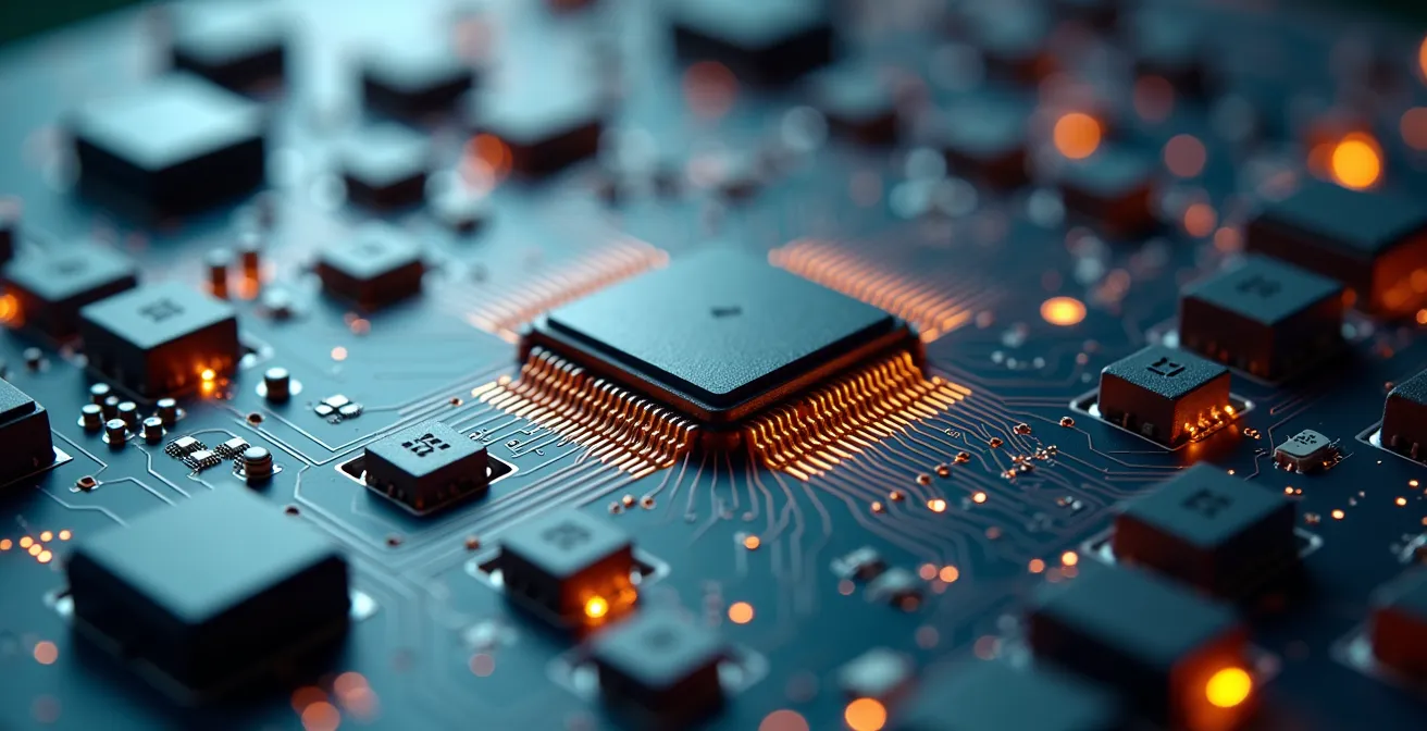 Vue macro d'un composant électronique fabriqué en France symbolisant la relocalisation industrielle