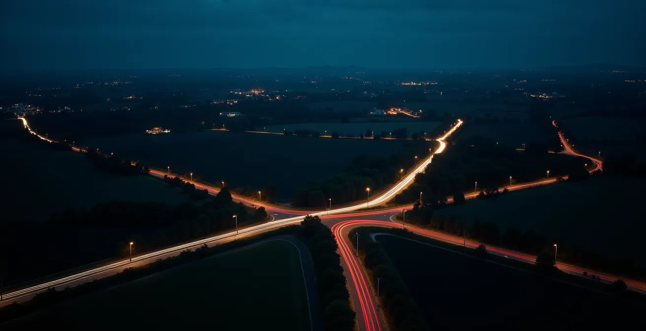 Carte tactique stylisée montrant les axes routiers secondaires de nuit avec des points lumineux représentant les dispositifs de surveillance