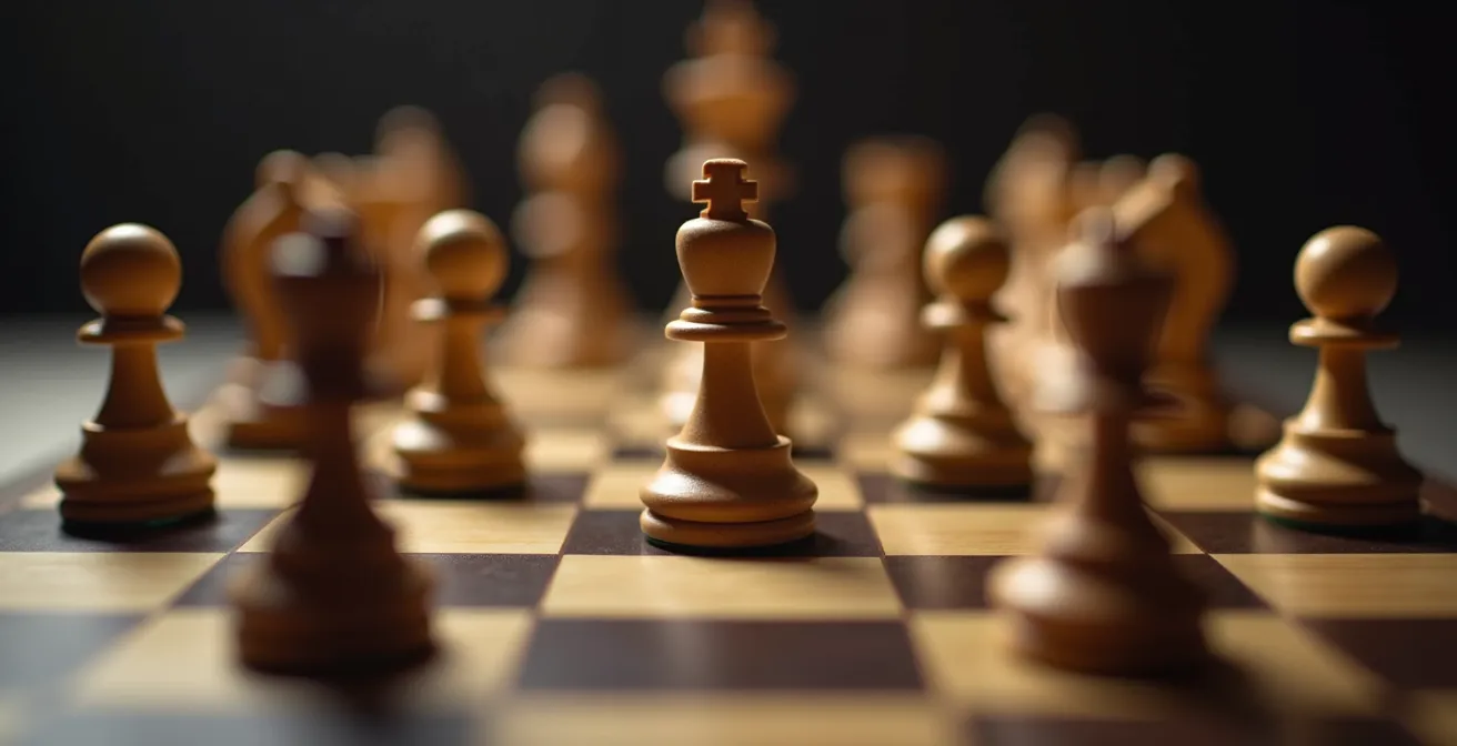 Pièces d'échecs disposées avec des espaces vides stratégiques sur l'échiquier