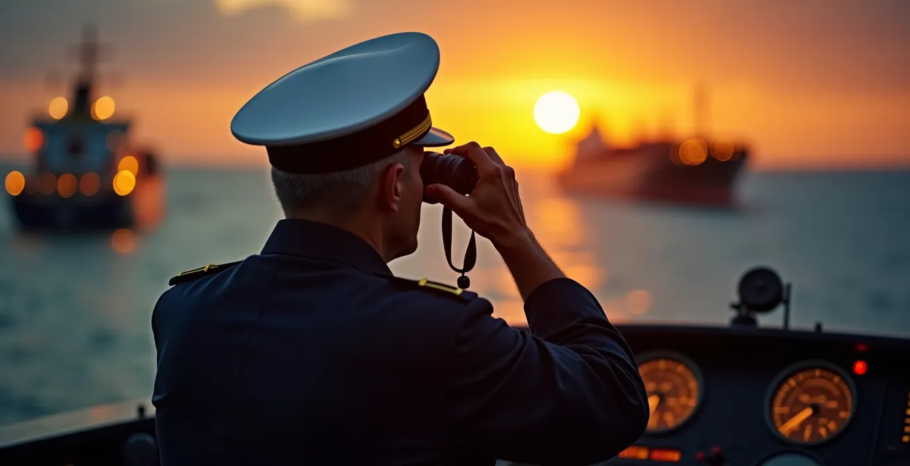 Cargo militaire naviguant dans un détroit stratégique au crépuscule