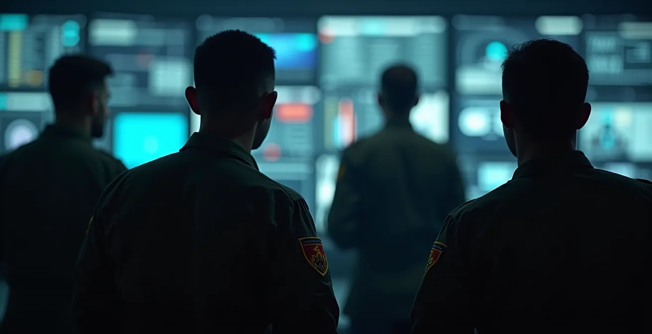 Opérateurs dans une salle de contrôle stratégique analysant des données critiques dans une atmosphère tendue