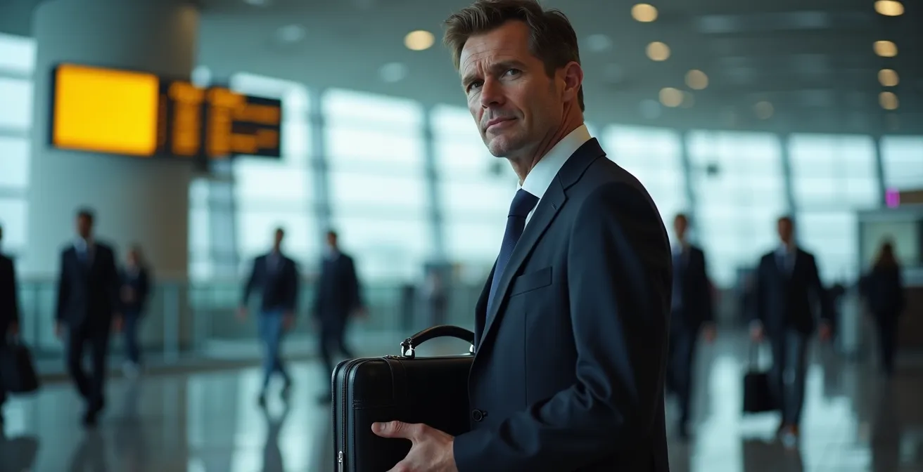 Homme d'affaires dans un aéroport international tenant une mallette sécurisée avec dispositifs de protection