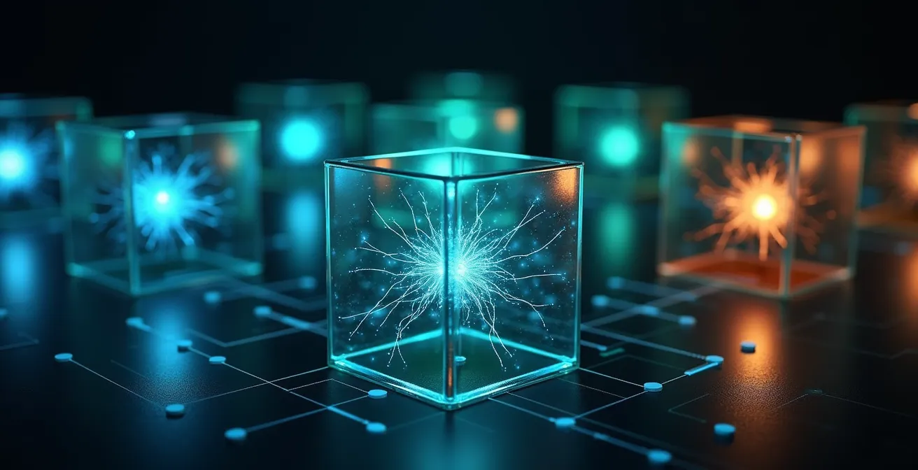 Architecture réseau segmentée avec zones isolées et pare-feux représentés par des cloisons lumineuses