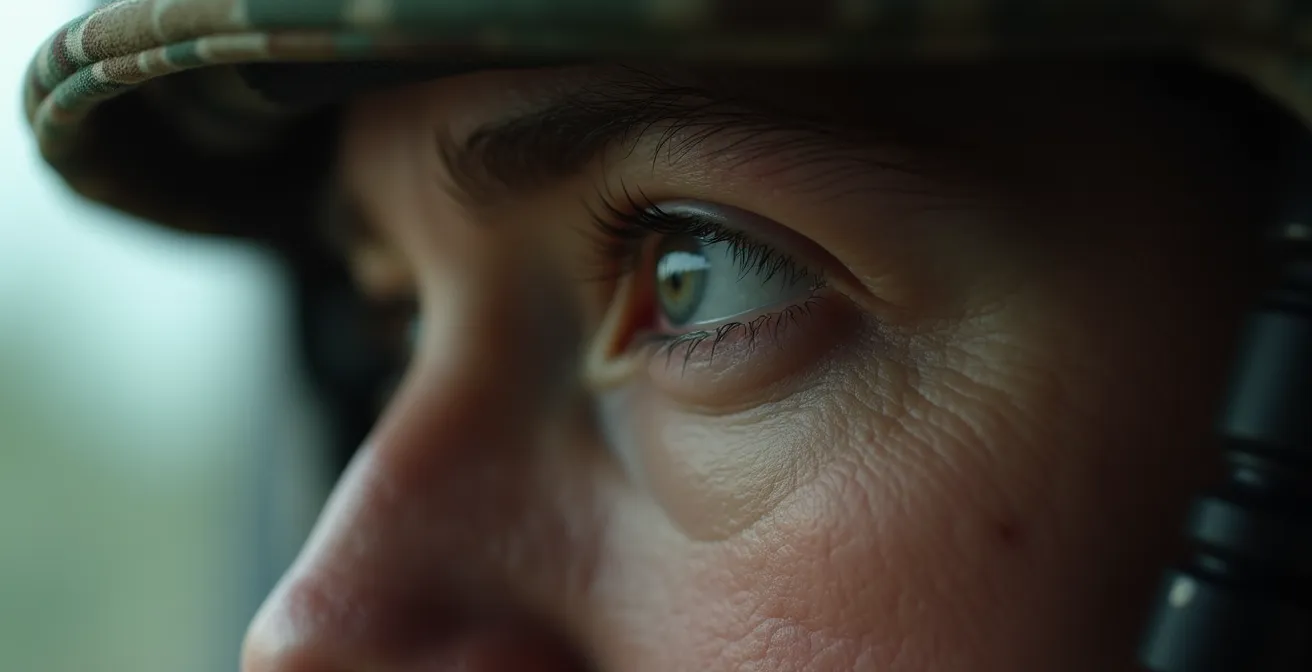 Portrait rapproché d'un militaire au regard lointain montrant des signes de fatigue émotionnelle