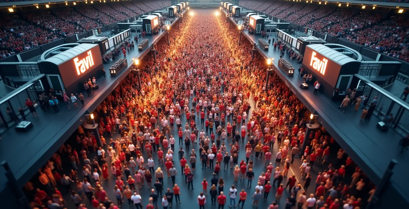 Vue aérienne d'une simulation de flux de foule avec codes couleur représentant la densité aux points d'accès d'un grand stade
