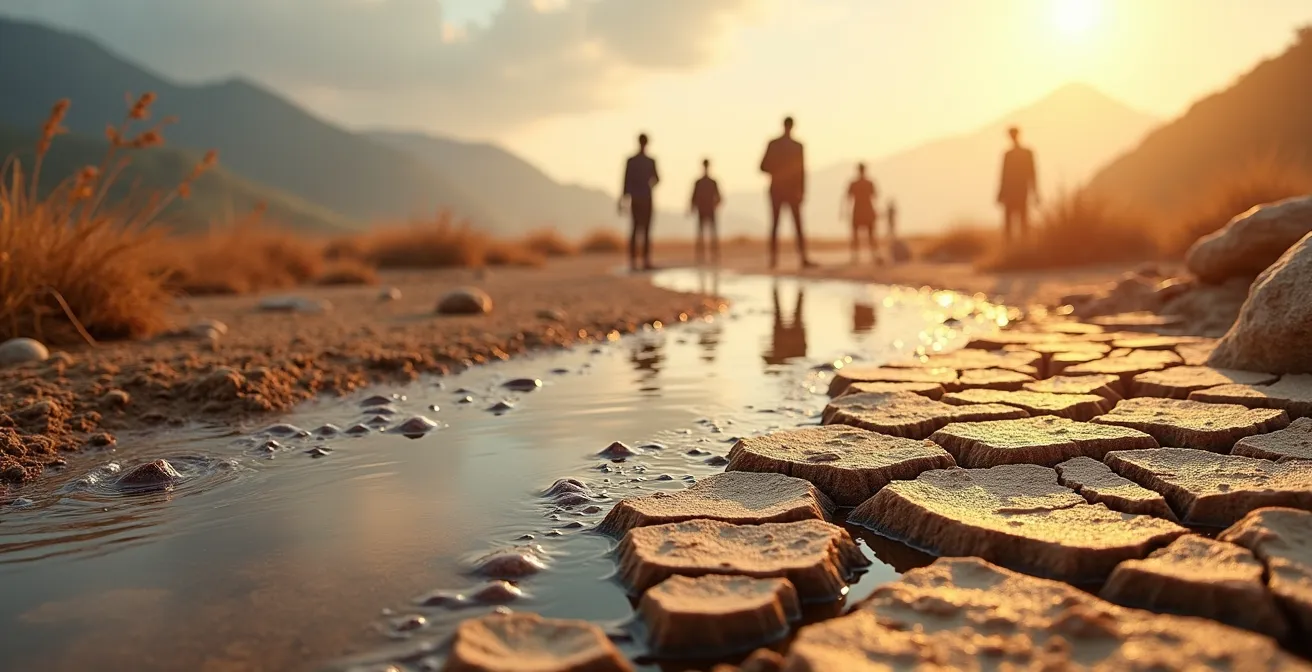 Carte abstraite montrant les zones de stress hydrique et les mouvements de population potentiels