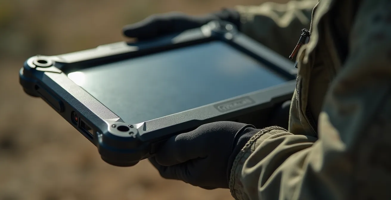 Main militaire tenant une tablette tactique ruggedisée sur le terrain