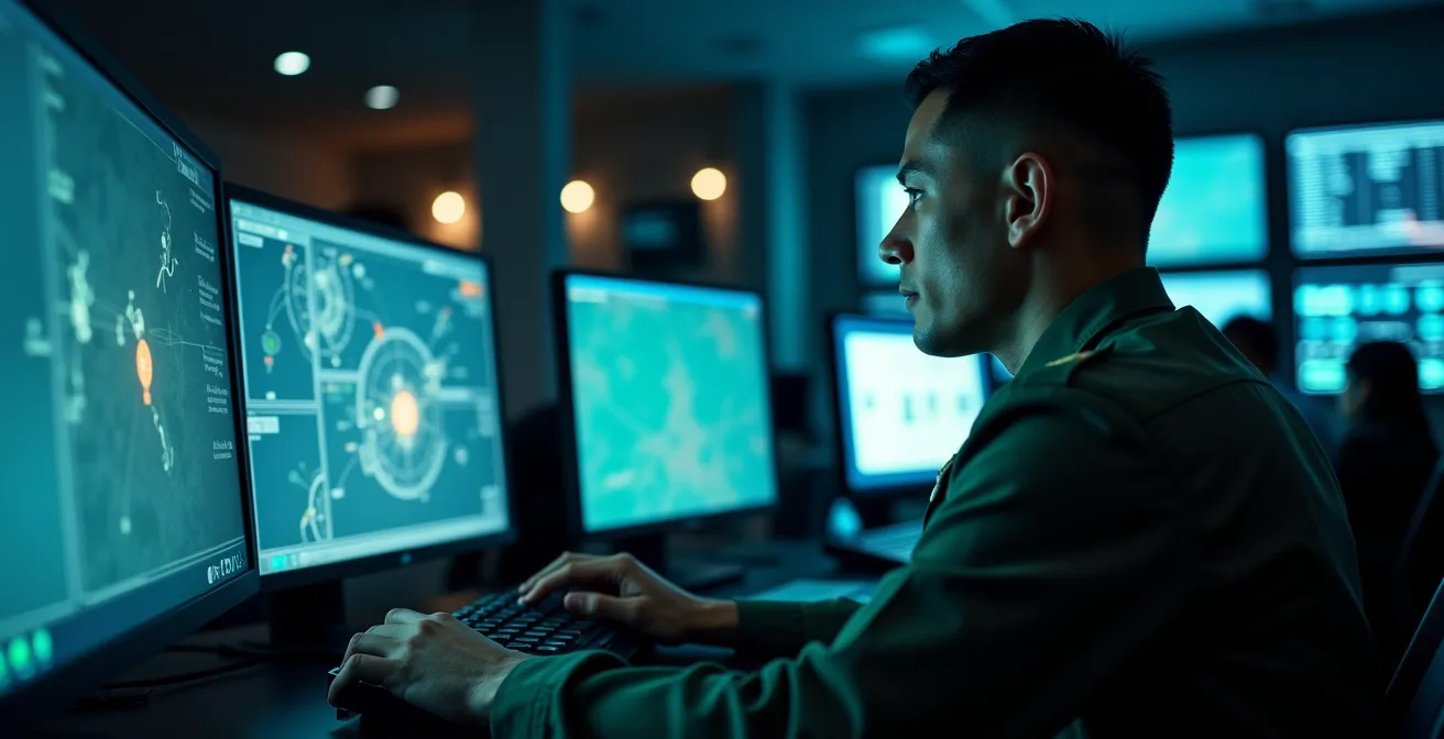 Centre de contrôle avec opérateurs analysant des flux de données satellites sur écrans multiples