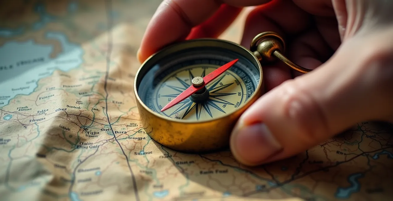 Technique de triangulation sur carte topographique avec boussole pour localisation