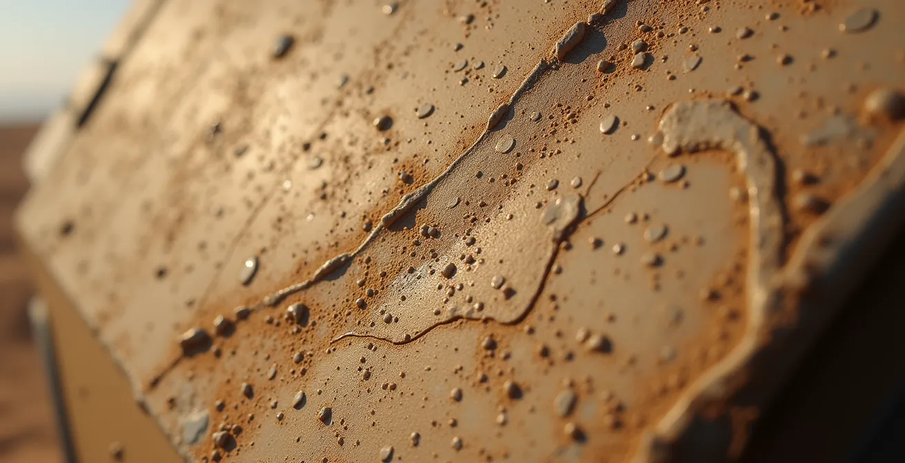 Gros plan macro sur la texture d'une surface métallique d'un véhicule militaire, montrant l'érosion causée par le sable et la corrosion.
