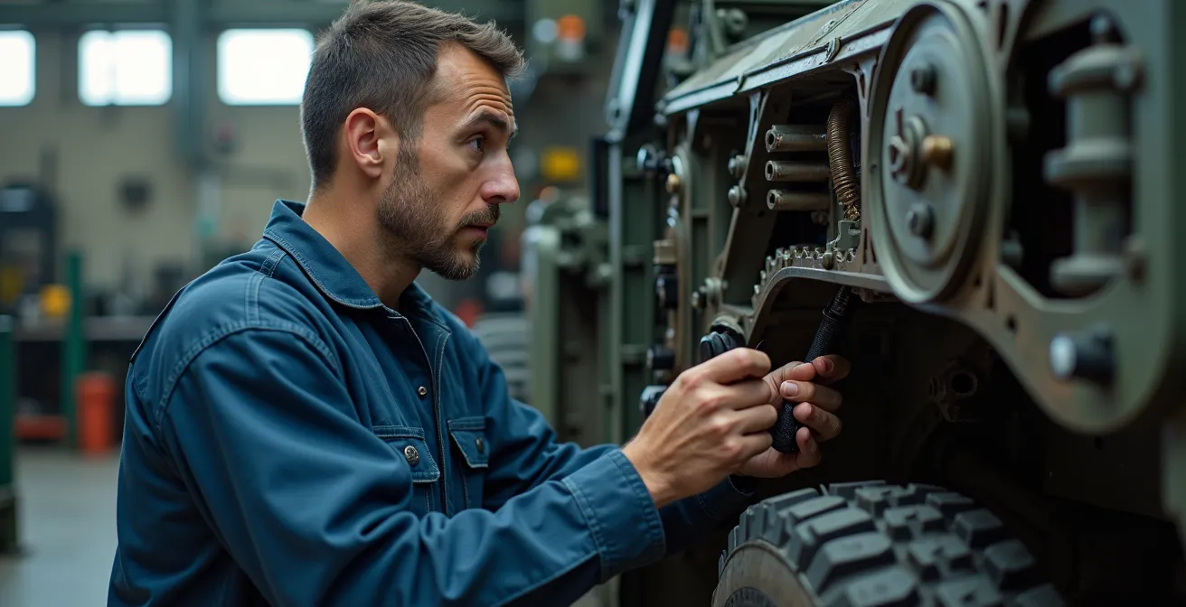 Vue plongeante d'un véhicule blindé en cours de reconstruction complète dans un atelier industriel