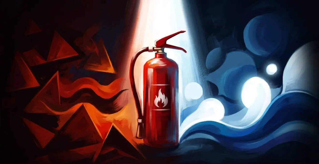 Composition abstraite dramatique d'un extincteur rouge éclairé par un faisceau de lumière, entouré de formes géométriques rouge-orangé évoquant le feu et de formes bleu-blanc symbolisant la protection