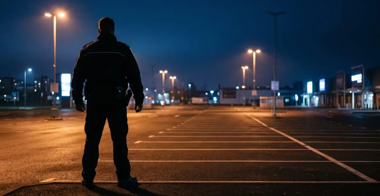 Contre-plongée nocturne sur la silhouette d'un agent de sécurité en uniforme observant un parking de zone commerciale, éclairage urbain orangé et ciel crépusculaire bleu profond