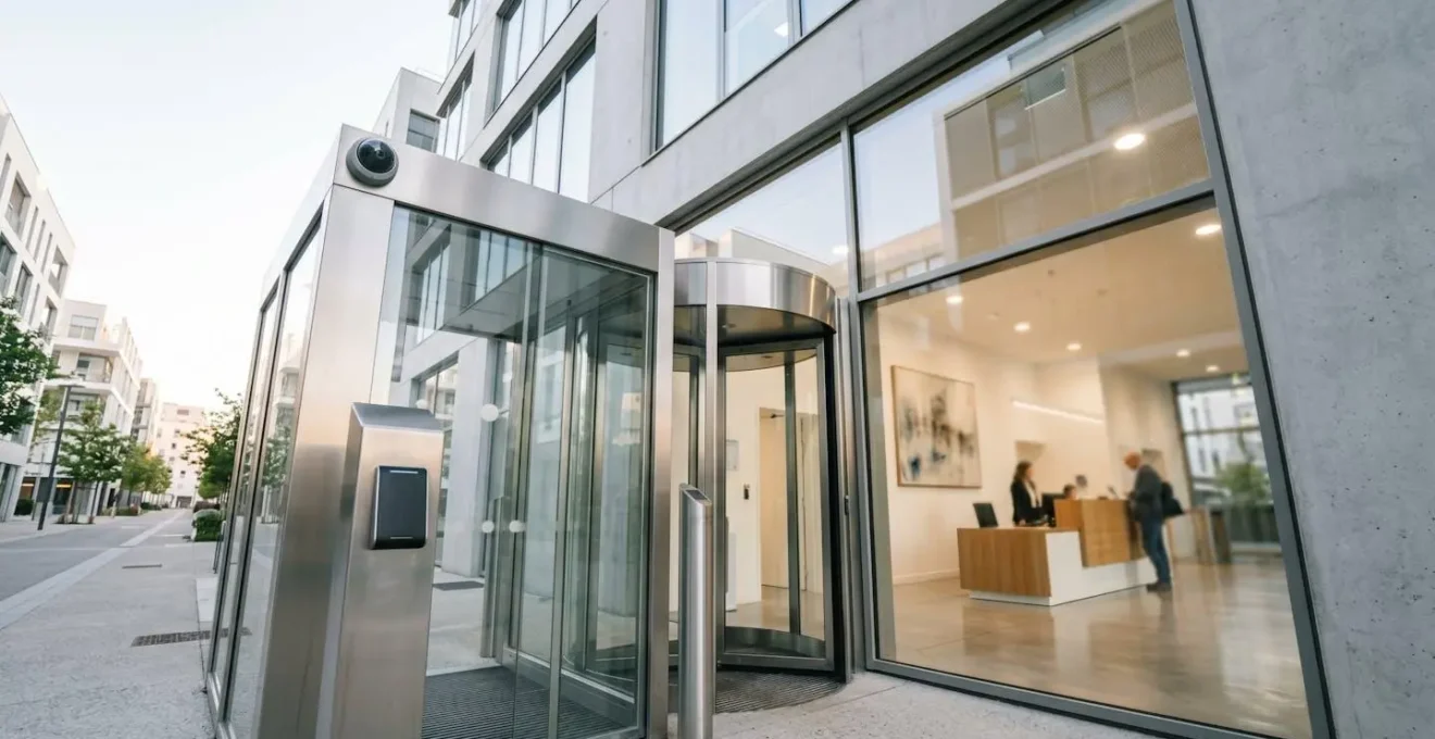 Entrée sécurisée de bâtiment professionnel moderne avec contrôle d'accès et caméra de surveillance intégrés dans une architecture contemporaine épurée