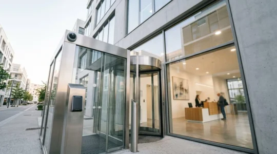 Entrée sécurisée de bâtiment professionnel moderne avec contrôle d'accès et caméra de surveillance intégrés dans une architecture contemporaine épurée
