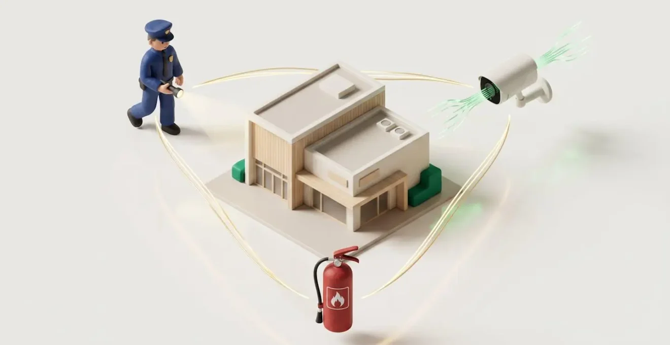 Illustration 3D isométrique d'un bâtiment commercial au centre, entouré de trois symboles de sécurité : agent de sécurité stylisé en bleu, caméra de vidéosurveillance connectée et extincteur rouge, reliés par des lignes lumineuses dorées formant un triangle protecteur