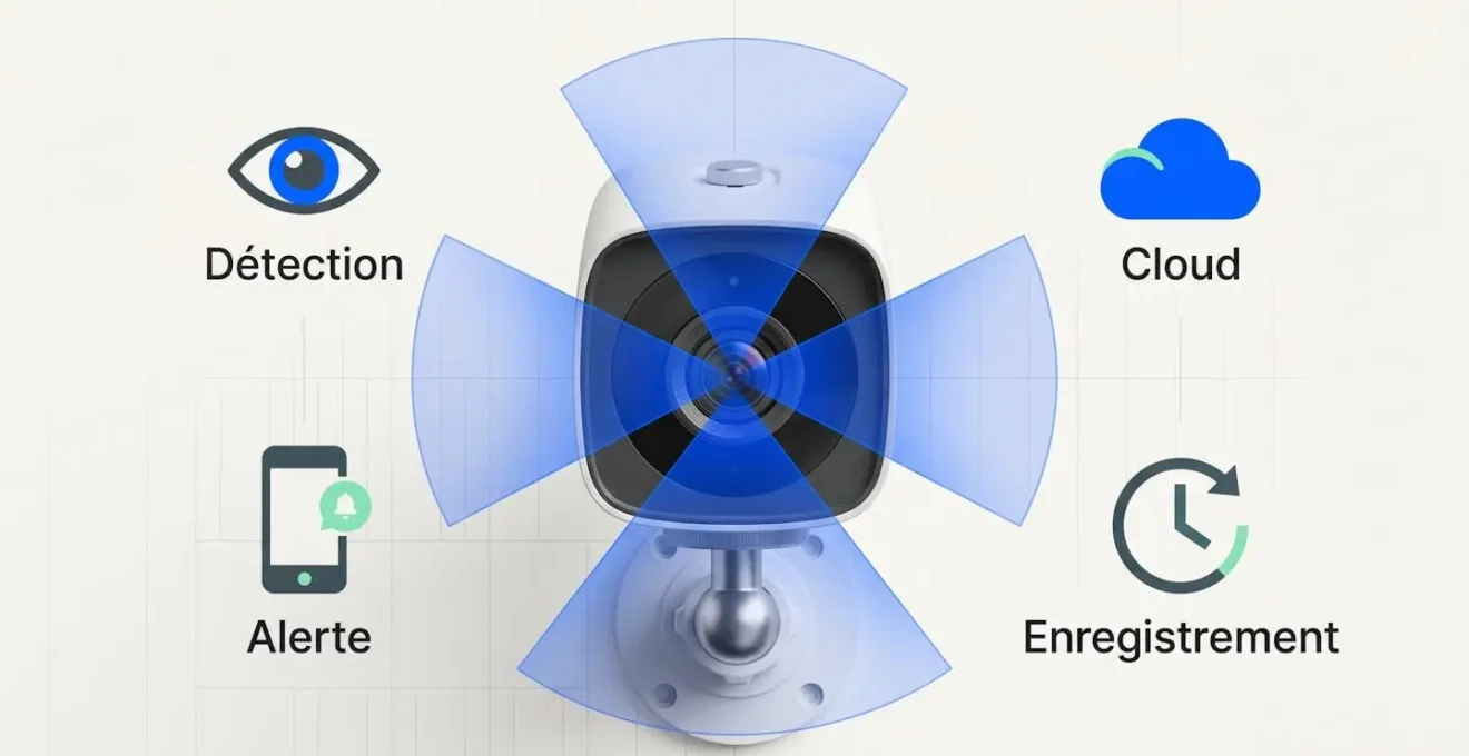Illustration 3D d'une caméra de surveillance IP blanche avec cônes de détection bleus lumineux et icônes flottantes représentant les fonctionnalités (détection, stockage cloud, alerte, enregistrement)