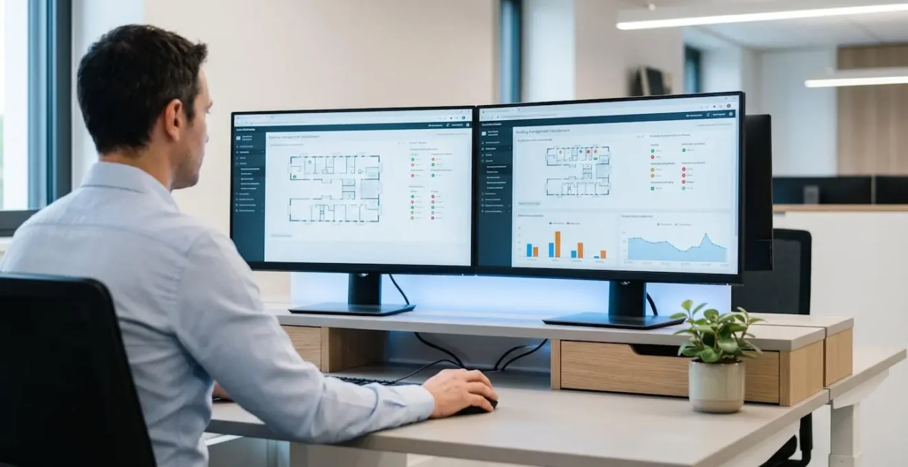 Poste de supervision technique centralisée montrant des écrans de gestion de bâtiment avec interfaces de contrôle en temps réel