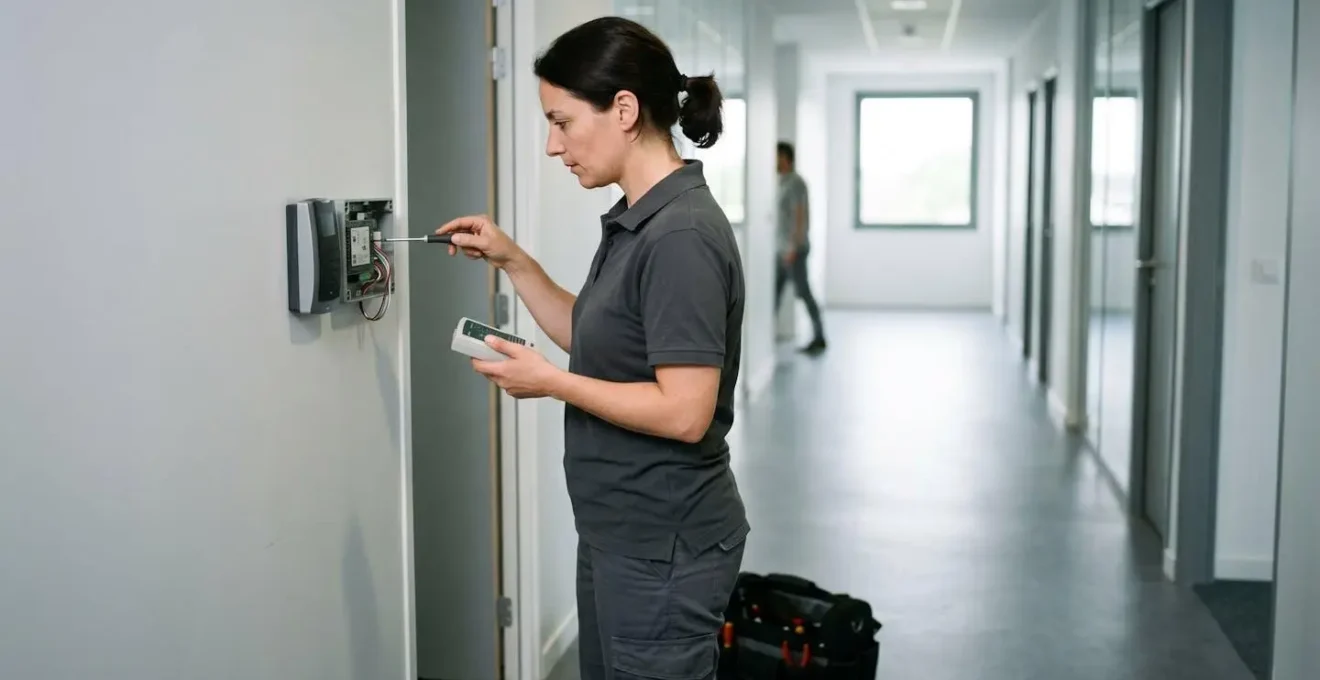 Technicien professionnel installant un équipement de contrôle d'accès dans un bâtiment d'entreprise moderne
