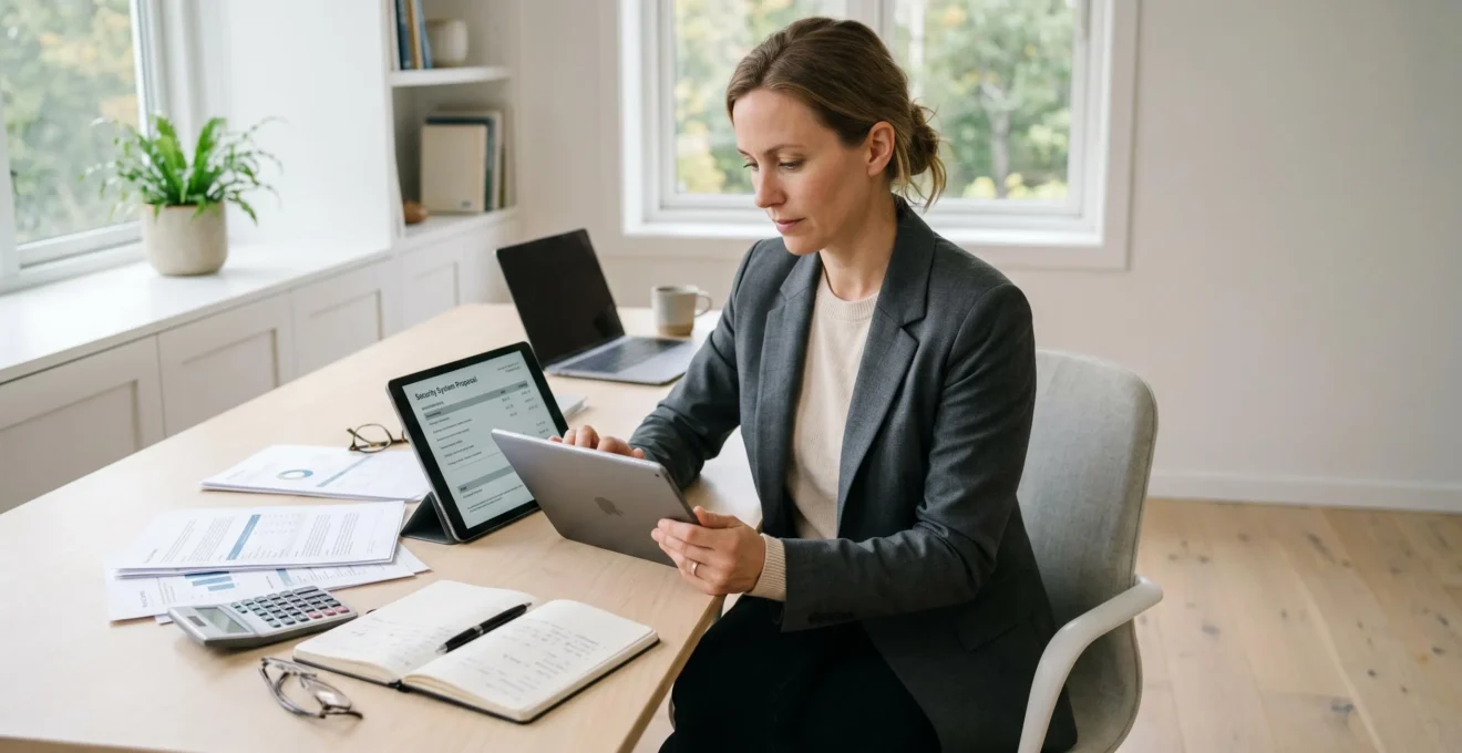Dirigeant d'entreprise consultant des devis de sécurisation sur tablette dans son bureau moderne