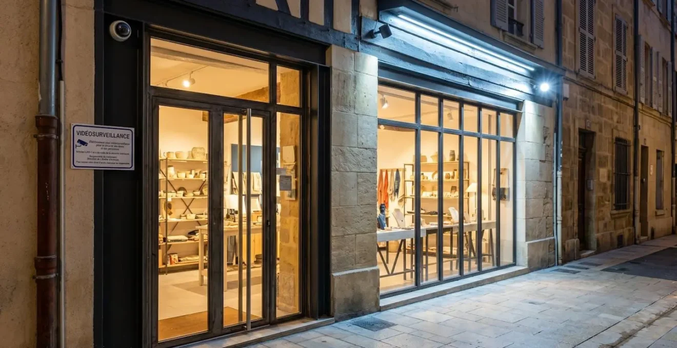 Façade nocturne d'un commerce sécurisé avec caméra de surveillance et panneau d'information RGPD visible, éclairage professionnel