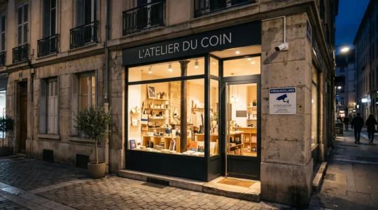 Façade nocturne d'un commerce sécurisé avec caméra de surveillance et panneau d'information RGPD visible, éclairage professionnel