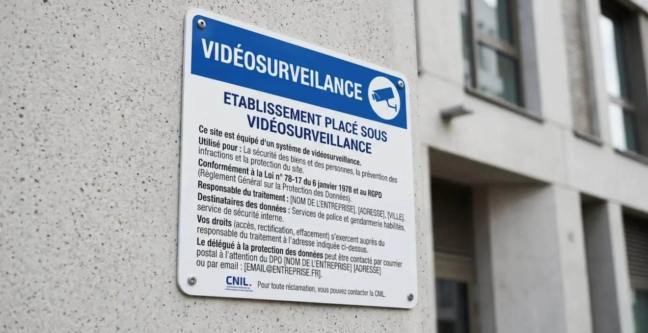 Panneau d'information vidéosurveillance conforme RGPD avec texte en français monté sur façade d'entreprise