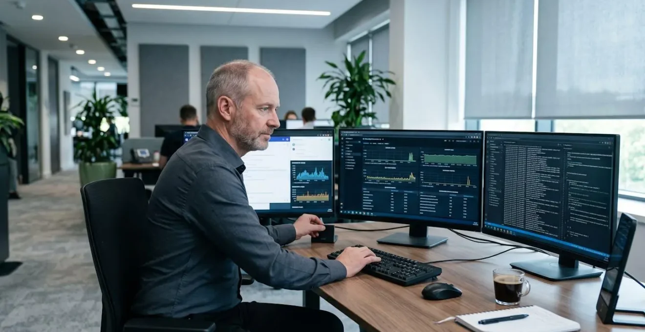 Responsable IT analysant des dashboards de performance cloud sur plusieurs écrans dans un bureau moderne