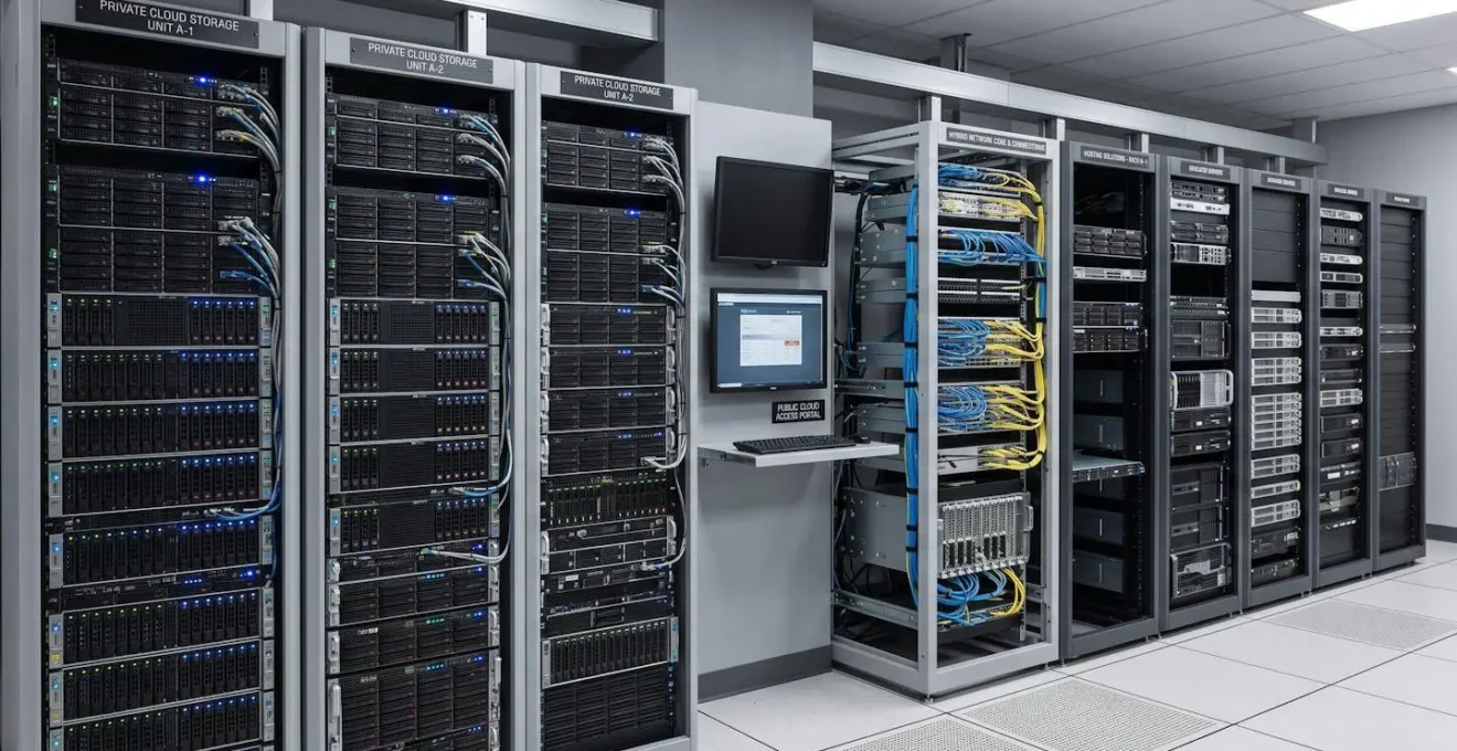 Salle serveurs moderne montrant différents équipements d'infrastructure cloud pour solutions privées, publiques et hybrides