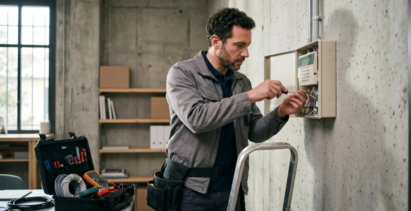 Technicien professionnel installant une centrale d'alarme sur le mur d'un local commercial avec ses outils spécialisés